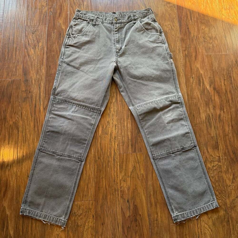 Lakin McKey Double Knee Carpenter Pants Canvas Grey Distressed Workwear 33x32